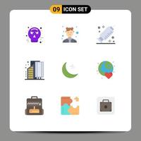 Set of 9 Modern UI Icons Symbols Signs for moon district work city buildings Editable Vector Design Elements