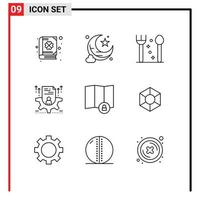 9 User Interface Outline Pack of modern Signs and Symbols of map location fork configure profile Editable Vector Design Elements