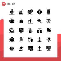 Set of 25 Vector Solid Glyphs on Grid for mobile application application chart global dollar coin Editable Vector Design Elements