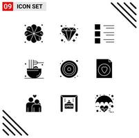 Universal Icon Symbols Group of 9 Modern Solid Glyphs of disk snack list meal drinks Editable Vector Design Elements