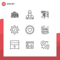 Mobile Interface Outline Set of 9 Pictograms of heart achievement space settings protection Editable Vector Design Elements