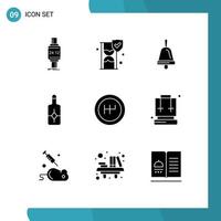 Pack of 9 creative Solid Glyphs of backpack gearshift shield sunblock beach Editable Vector Design Elements