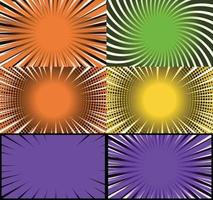 Comic book colorful frames background with halftone rays radial and dotted effects pop art style vector