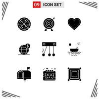 Pack of 9 Modern Solid Glyphs Signs and Symbols for Web Print Media such as science international like globe global Editable Vector Design Elements