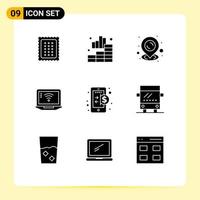 Pictogram Set of 9 Simple Solid Glyphs of economy wifi graph signal laptop Editable Vector Design Elements