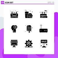 Pack of 9 creative Solid Glyphs of ice cream drink tramway thinking investment Editable Vector Design Elements