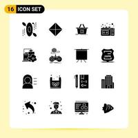 16 Universal Solid Glyphs Set for Web and Mobile Applications pollution industry add to cart factory vhs Editable Vector Design Elements