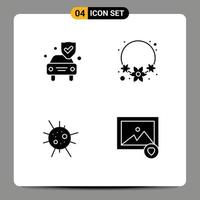 paquete de 4 signos y símbolos de glifos sólidos modernos para medios de impresión web, como elementos de diseño de vectores editables de imágenes indias de escudo de virus de automóviles