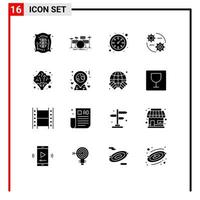 Modern Set of 16 Solid Glyphs Pictograph of healthcare setting musical gear control Editable Vector Design Elements