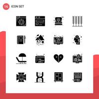 Pack of 16 Modern Solid Glyphs Signs and Symbols for Web Print Media such as notebook sketch notebook hat wheat cereal Editable Vector Design Elements