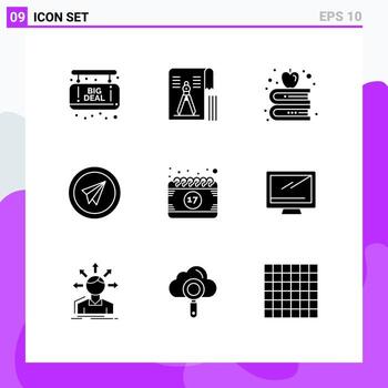 9 Universal Solid Glyphs Set for Web and Mobile Applications date paper plane apple paper fly Editable Vector Design Elements