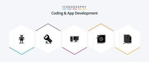 Codificación y desarrollo de aplicaciones Paquete de iconos de 25 glifos que incluye el logotipo. diseño. mantenimiento. sistema. hardware vector