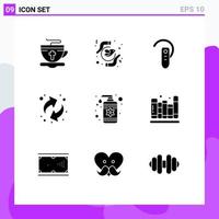 Set of 9 Vector Solid Glyphs on Grid for drop recycling purity arrows headphone Editable Vector Design Elements