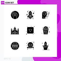 User Interface Pack of 9 Basic Solid Glyphs of play button dhaka rocket bangladesh mind Editable Vector Design Elements