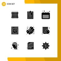 Mobile Interface Solid Glyph Set of 9 Pictograms of research flask page office event Editable Vector Design Elements