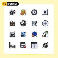 Pack of 16 Modern Flat Color Filled Lines Signs and Symbols for Web Print Media such as hobbies handbag clock web layout Editable Creative Vector Design Elements