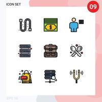 9 Creative Icons Modern Signs and Symbols of bag travel body network database Editable Vector Design Elements