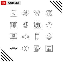 Mobile Interface Outline Set of 16 Pictograms of building meeting night group love Editable Vector Design Elements