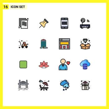16 Universal Flat Color Filled Lines Set for Web and Mobile Applications fragile cart video box router Editable Creative Vector Design Elements