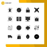 Mobile Interface Solid Glyph Set of 16 Pictograms of alert calling study call forwarding spider Editable Vector Design Elements