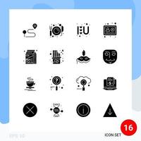 16 Universal Solid Glyphs Set for Web and Mobile Applications fruit profile restaurant online love sign Editable Vector Design Elements