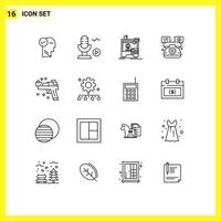 Set of 16 Modern UI Icons Symbols Signs for gun telephone dimensional support help Editable Vector Design Elements