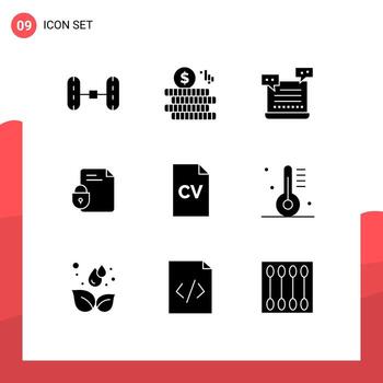 Group of 9 Solid Glyphs Signs and Symbols for education internet robot security document Editable Vector Design Elements