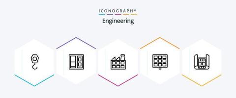 paquete de iconos de 25 líneas de ingeniería que incluye . . industria. edificio. mapa vector