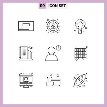 Set of 9 Vector Outlines on Grid for profile city apple skyscraper building Editable Vector Design Elements