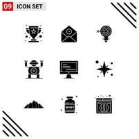 Group of 9 Modern Solid Glyphs Set for toy robot email idea solution Editable Vector Design Elements