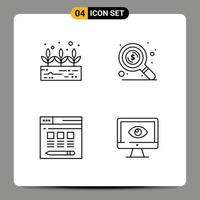 4 colores planos universales de línea de relleno establecidos para aplicaciones web y móviles planta verde servidor de dinero en línea vigilancia elementos de diseño vectorial editables vector