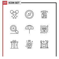 Modern Set of 9 Outlines Pictograph of label weather heart umbrella search Editable Vector Design Elements