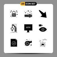 Editable Vector Line Pack of 9 Simple Solid Glyphs of spy camera down package hand Editable Vector Design Elements