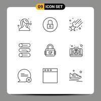 Set of 9 Modern UI Icons Symbols Signs for security lock falling on off device Editable Vector Design Elements