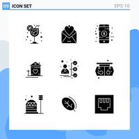 Pictogram Set of 9 Simple Solid Glyphs of briefcase couple mobile family home Editable Vector Design Elements