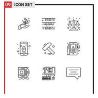 Modern Set of 9 Outlines Pictograph of construction mobile irish lock level Editable Vector Design Elements