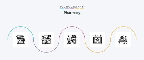 paquete de iconos de la línea 5 de farmacia que incluye la medición. curar. medicamento. farmacia. ordenador portátil vector