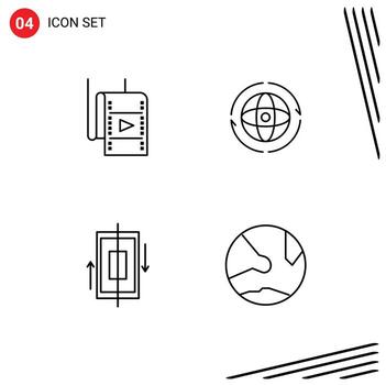 Mobile Interface Line Set of 4 Pictograms of film sync theatre earth data Editable Vector Design Elements