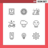 Mobile Interface Outline Set of 9 Pictograms of protection computing camping aroma oil Editable Vector Design Elements