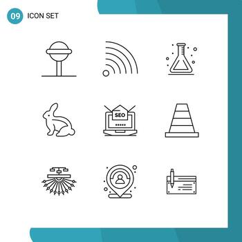 Mobile Interface Outline Set of 9 Pictograms of mail laptop flask seo easter bunny Editable Vector Design Elements
