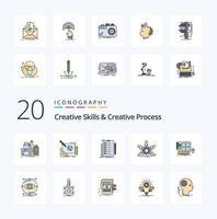 20 habilidades creativas y paquete de iconos de color relleno de línea de proceso creativo como verificación de documento de idea de equipo de liderazgo vector