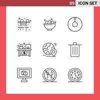 9 User Interface Outline Pack of modern Signs and Symbols of world map astronomy globe finance Editable Vector Design Elements