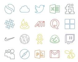 Paquete de 20 íconos de redes sociales que incluye basecamp cms feedburner wordpress microsoft vector