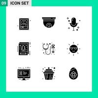 Pack of 9 Modern Solid Glyphs Signs and Symbols for Web Print Media such as health greeting surveillance christmas record Editable Vector Design Elements