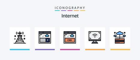 la línea de Internet llenó el paquete de 5 íconos, incluida la televisión. pantalla. mundo. multimedia. Internet. diseño de iconos creativos vector