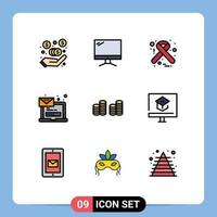 Mobile Interface Filledline Flat Color Set of 9 Pictograms of cash message hiv laptop computer Editable Vector Design Elements