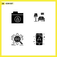 Mobile Interface Solid Glyph Set of 4 Pictograms of encryption target lump gallery setting Editable Vector Design Elements