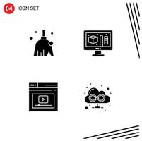 Mobile Interface Solid Glyph Set of 4 Pictograms of broom web sweep modeling video Editable Vector Design Elements