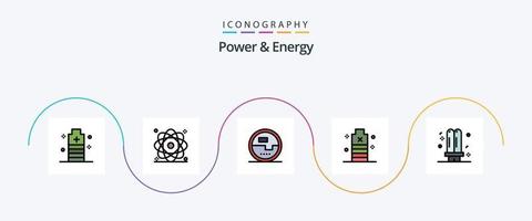 La línea de alimentación y energía llenó el paquete de iconos planos 5 que incluye lo esencial. batería. nuclear. poder. energía vector