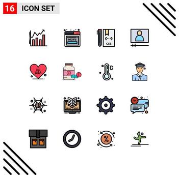 conjunto de líneas llenas de color plano de interfaz móvil de 16 pictogramas de amor reproductor de video código reproductor desarrollo elementos de diseño de vectores creativos editables